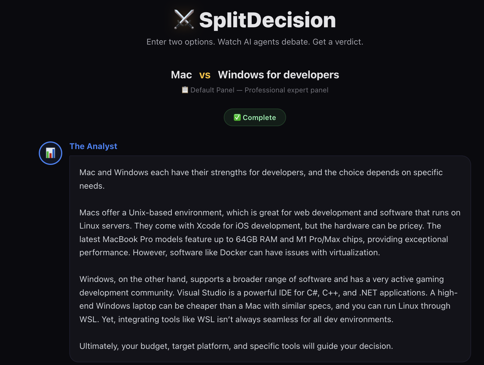 The Analyst agent responding in a Mac vs Windows debate