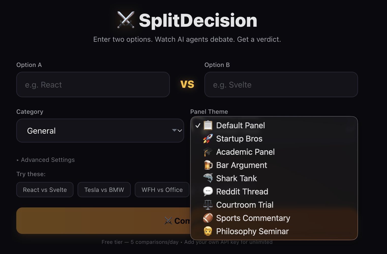 All 9 debate themes available in SplitDecision