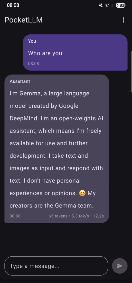 PocketLLM Android app running Gemma 3n on-device