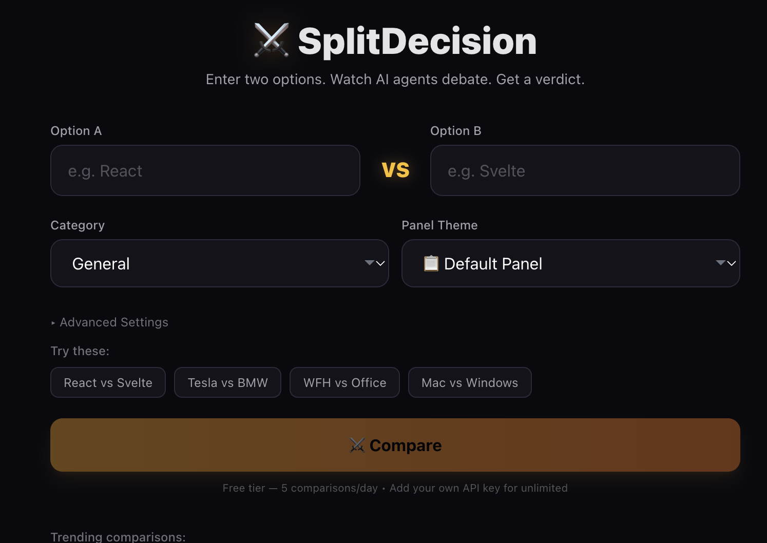 SplitDecision app interface showing multi-agent debate setup