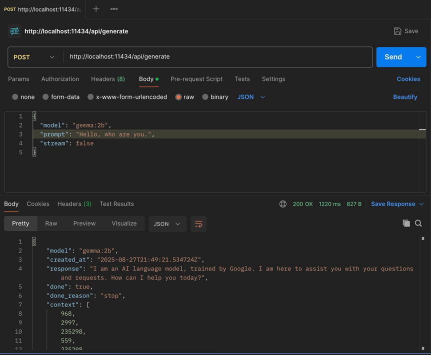 Postman request to Ollama API