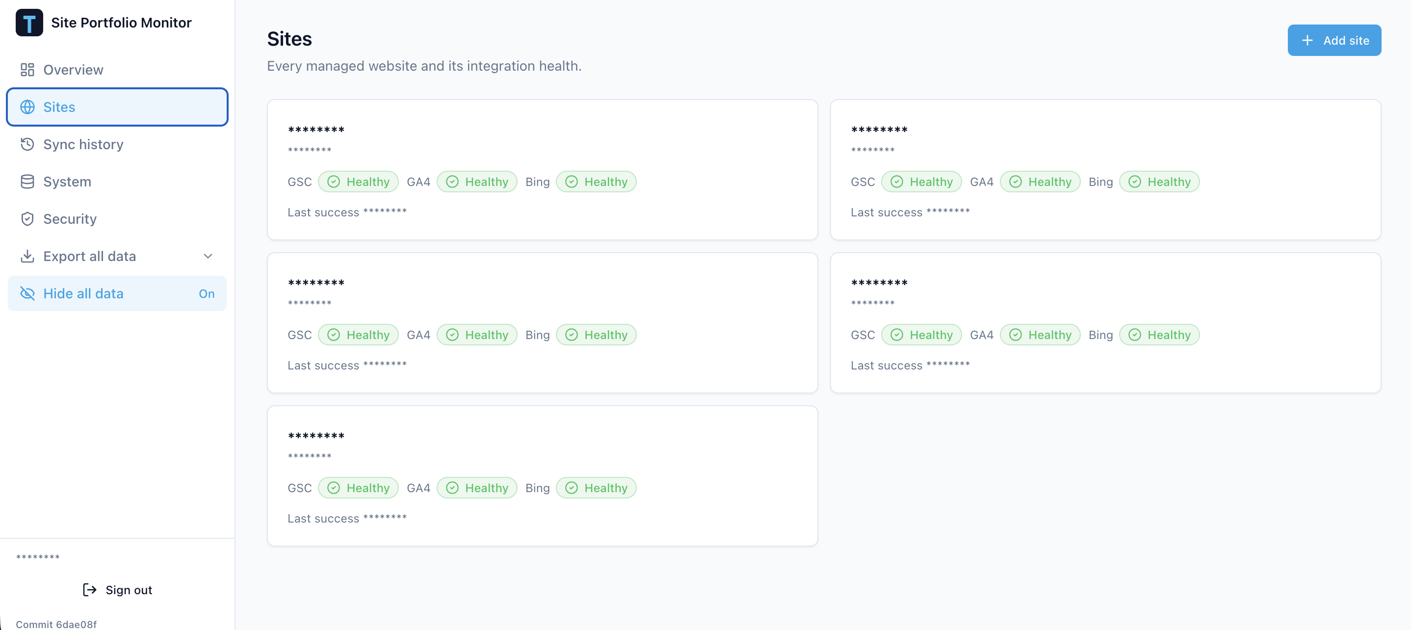 Managed sites view showing integration health for Google Search Console, GA4, and Bing