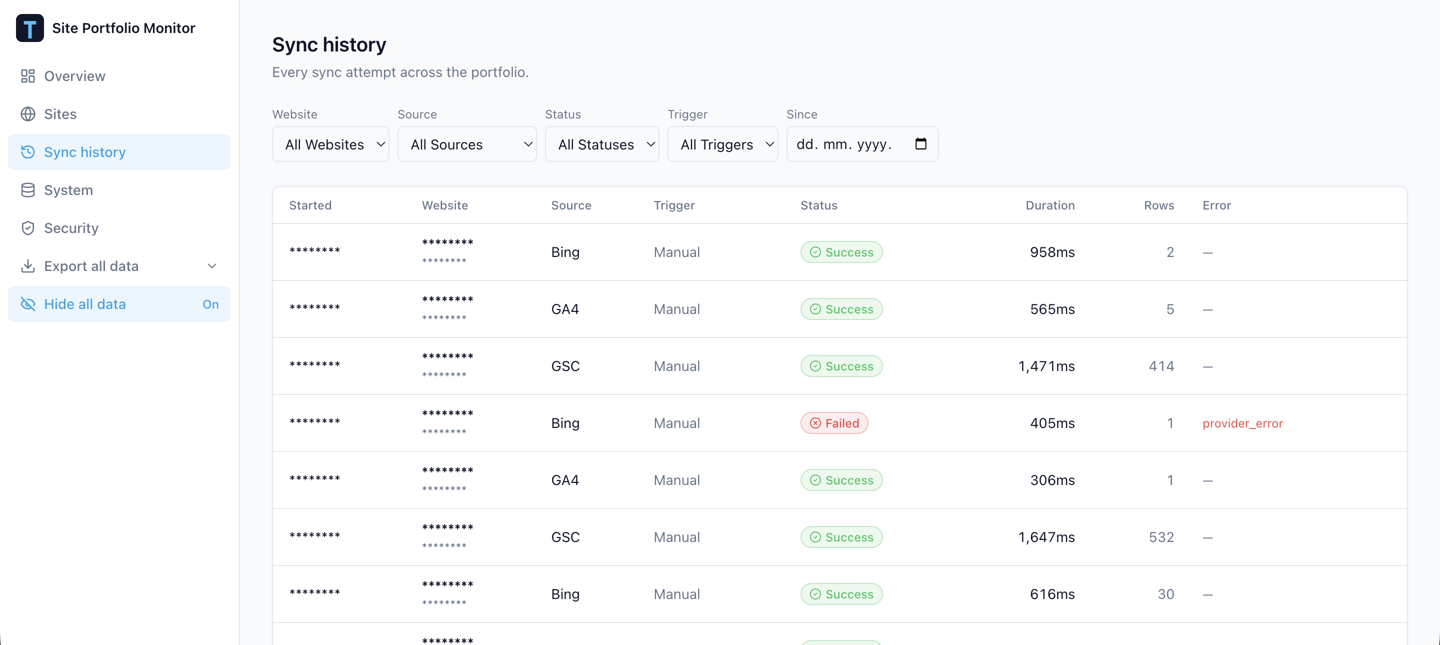 Sync history showing source, trigger, status, duration, row counts, and error information