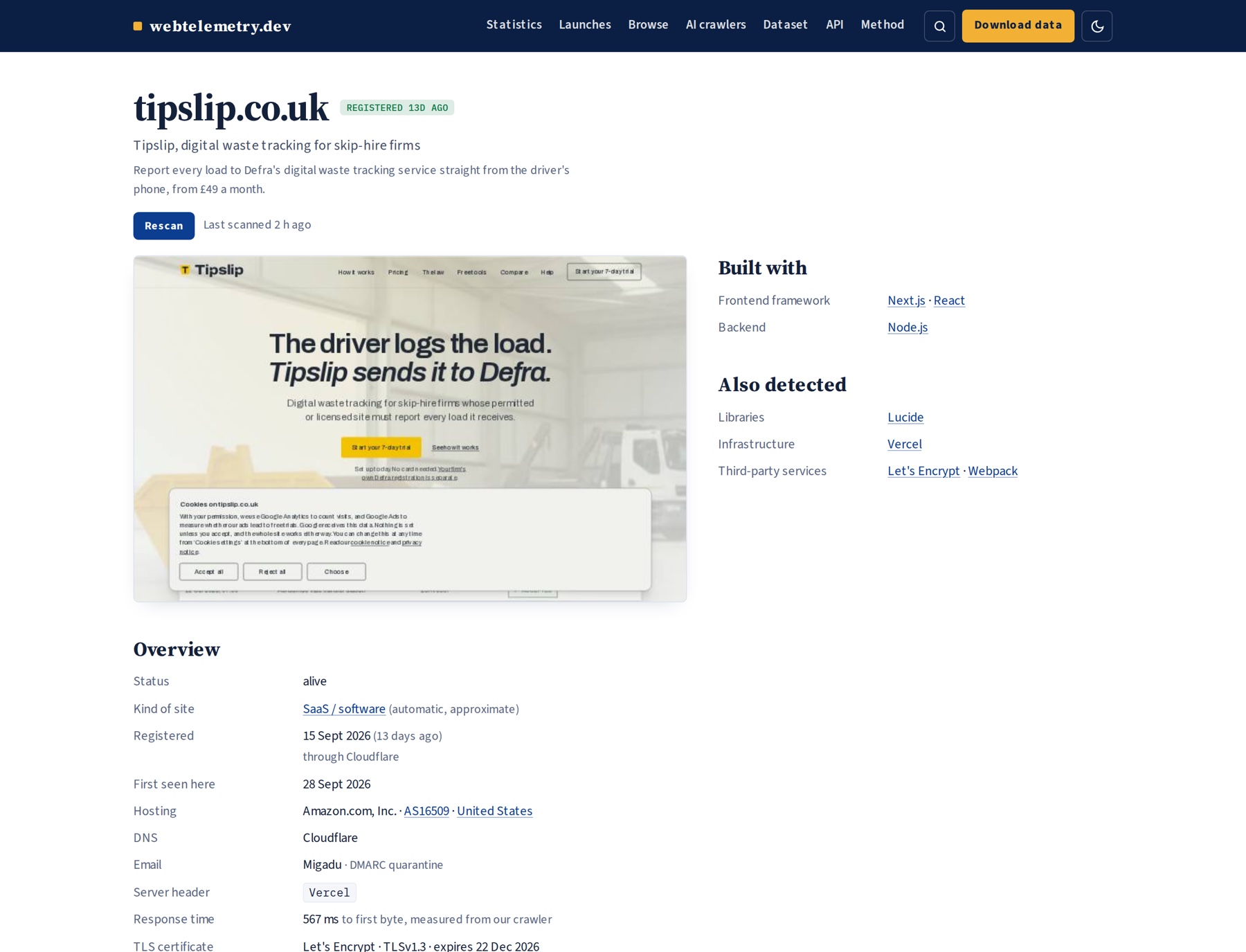 Site profile for a new SaaS product, with its homepage screenshot, detected stack and hosting details